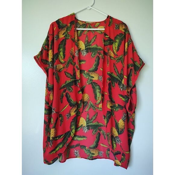 Gianni Bini Kimono Size XS Red Palm Print Pineapples Drape Front Dolman Sleeve - Picture 1 of 5